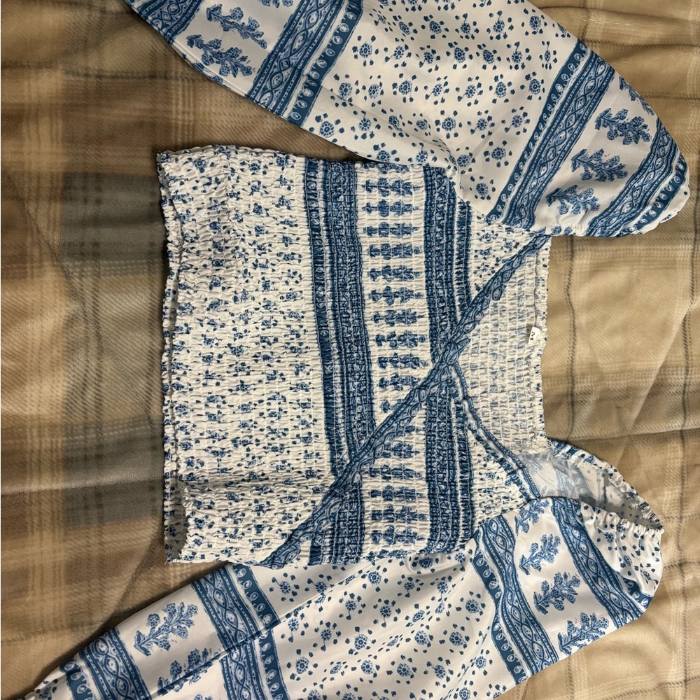 Blue and White Patterned Blouse